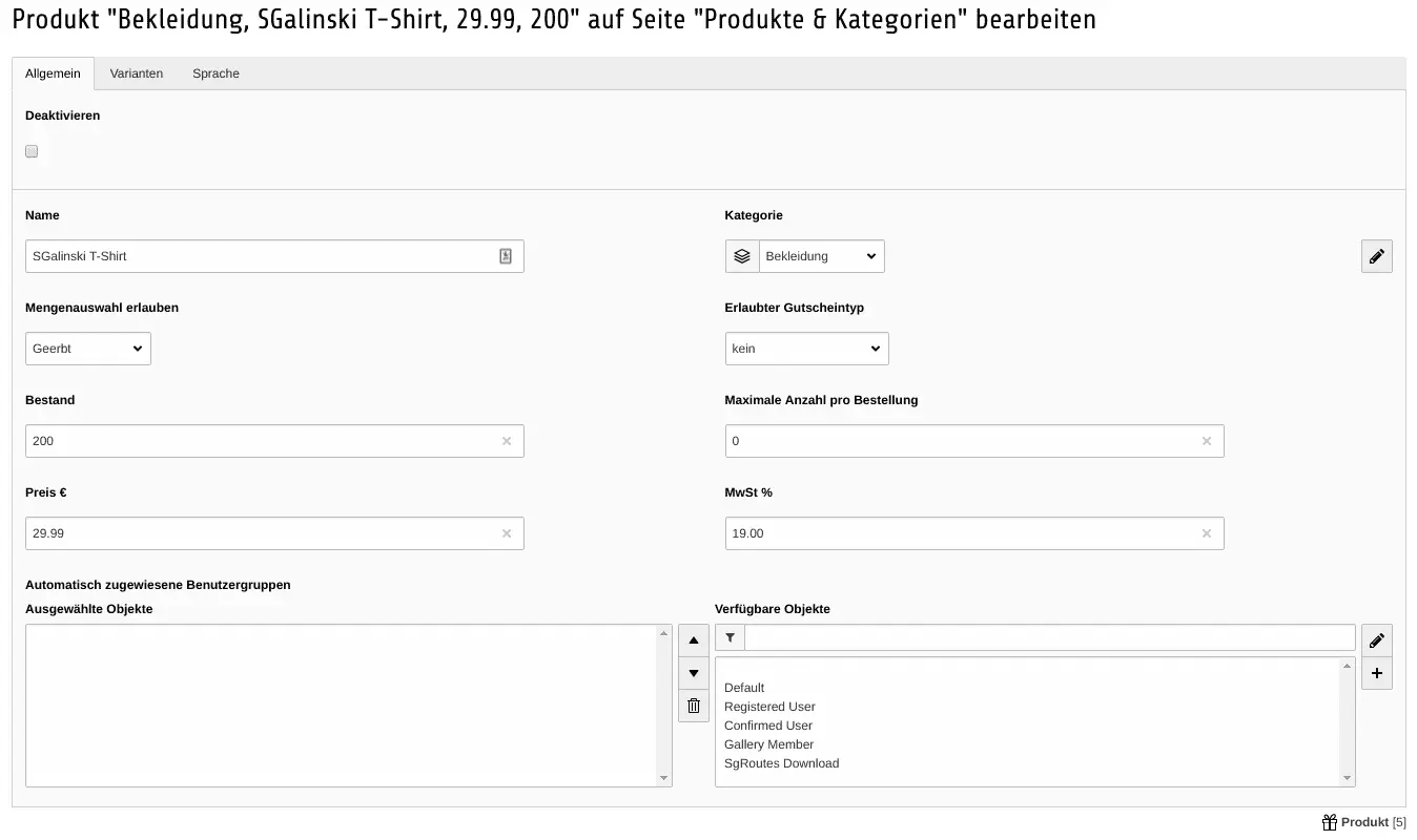 TYPO3 Shop Backend Modul Liste Produkt Einstellungen