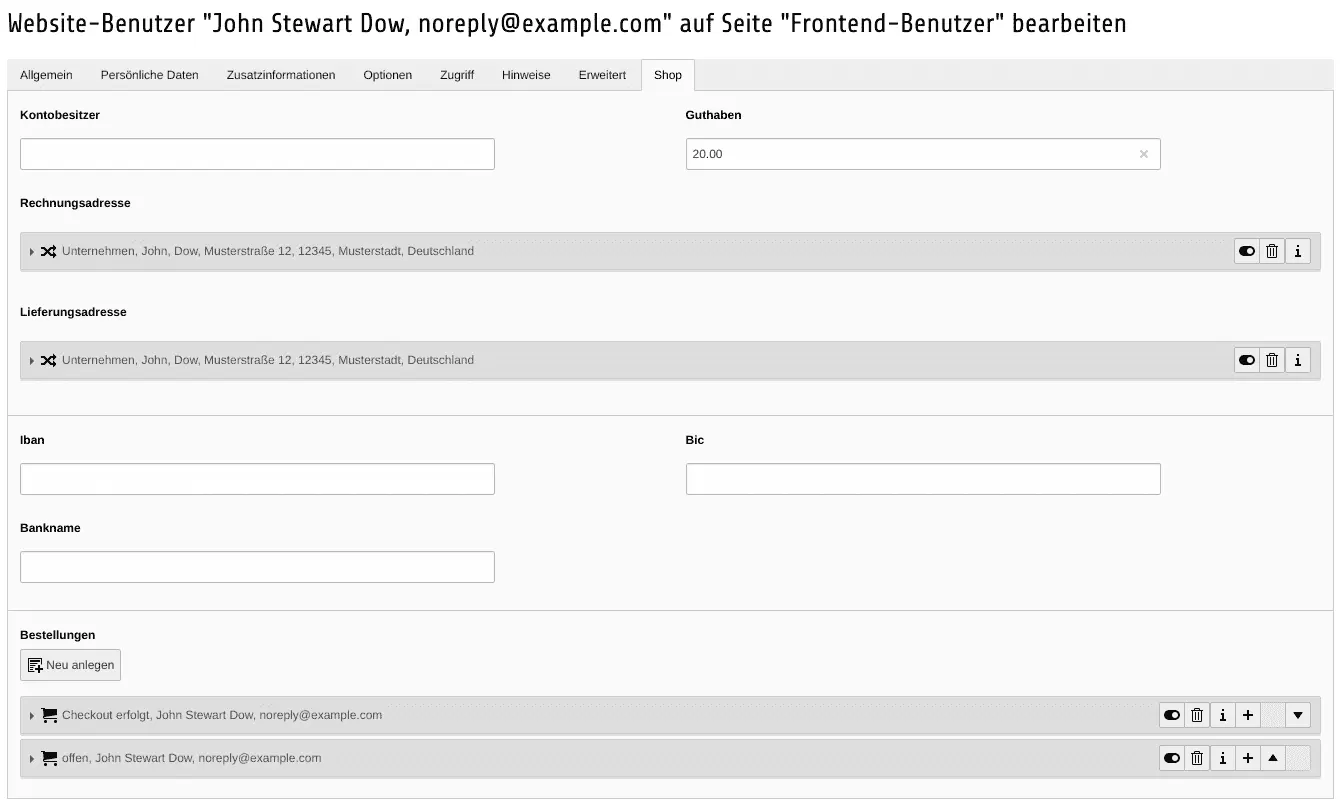 TYPO3 Kundenkonto Shop Informationen